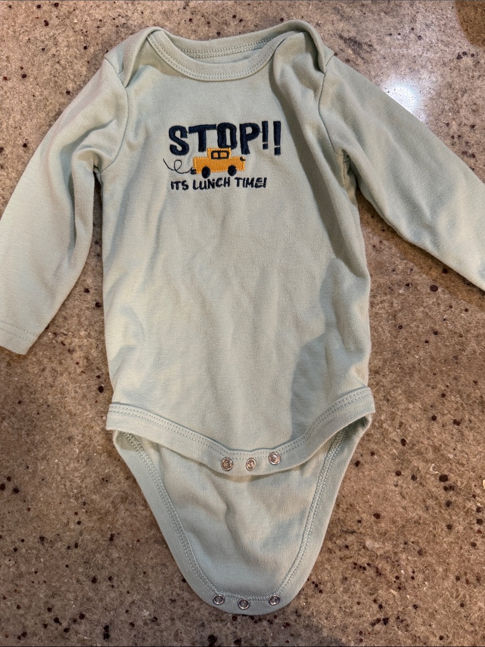 Light Green Long-Sleeve Baby One-Piece with Bus Graphic